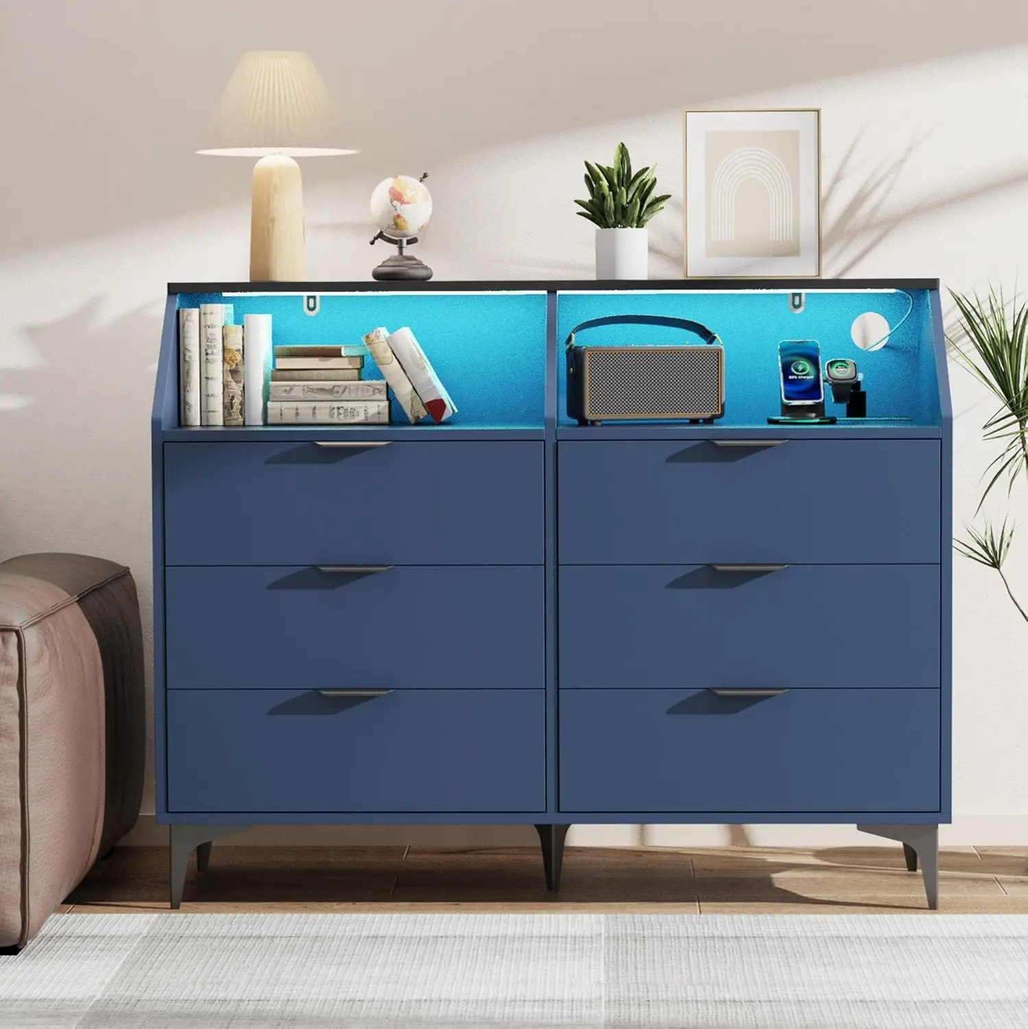 6 Drawer Dresser with LED Light, Chest of Drawers with Charging Station, Large Double Dressers, Wooden Dressers for Bedroom, Living Room, Entryway, Hallway (Blue)