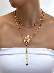 Elegant Colorful Glass Crystal Flower Tassel Necklace, Layered Design, Unique Charm, Perfect for Daily Wear, Travel, Parties, Music Festivals, Statement Necklace