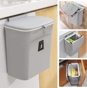 2.4 Gallon Kitchen Compost Bin for Counter Top or under Sink, Hanging Small Trash Can with Lid for Cupboard/Bathroom/Bedroom/Office/Camping, Mountable Indoor Compost Bucket, Gray Tiyafuro