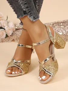 Women's Sequin PU Leather Heeled Sandals, Strapless Buckle Design, Party Evening High Heels, Bridal Wedding & Date Wear