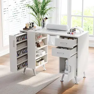 Garvee 42.5 Inch Manicure Table, Nail Desk with Vertical Pull-Out Locker, 1 Storage Cabinet, 2 Drawers, 4-Tiers Open Shelves, Wrist Rest and Dust Collector, Nail Table Workstation for Beauty Salon