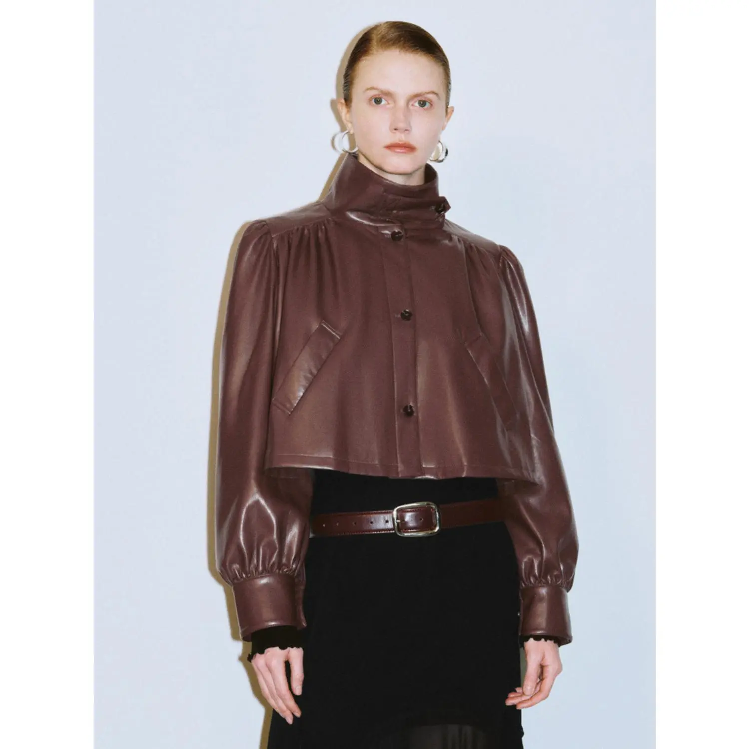 Faux Leather Cropped Moto Jacket for Women with Funnel Neck, Casual Long Sleeve Style for Spring Wear, Plaid Print, Leather & Faux Leather