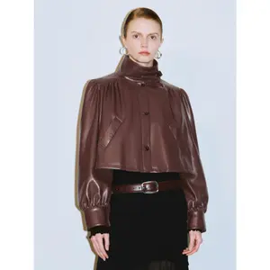 URBAN REVIVO 2026 Spring Women's Multi-Size Cropped Funnel Neck Faux Leather Long-Sleeve Polyester Jacket, Durable Fabric Coats, UWG150023 Womenswear Outerwear