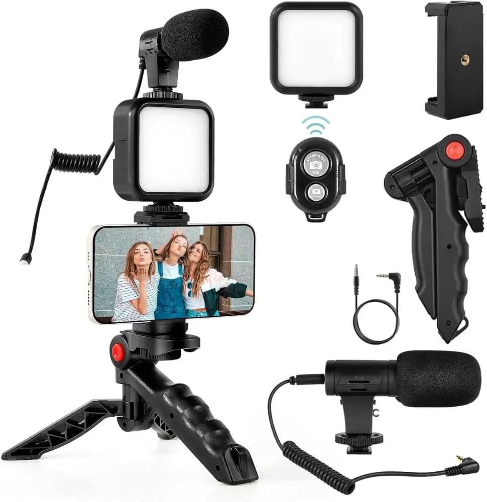 Vlogging Kit with LED Light & Shotgun Microphone, Smartphone Video Recording Kit with Tripod Grip,Phone Mount,Wireless Remote,Lavalier Mic, for YouTube,TikTok,Instagram,Live Streaming,Content Creation