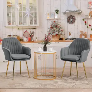 Set of 2 Upholstered Dining & Living Room Chairs - Gray Modern Fabric Armchairs with Curved Back & Metal Legs