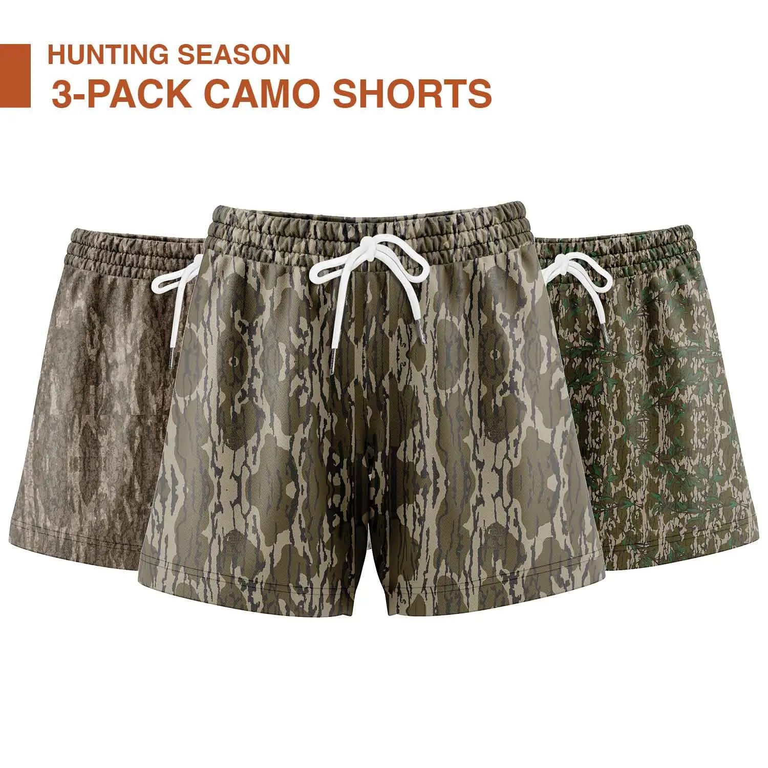 3-Pack Camo Hunting Polyester Blend Shorts - 5-inch In-seam Athletic Mesh, Breathable Fitness & Streetwear Men's Sports Shorts, Streetwear Sports Shorts