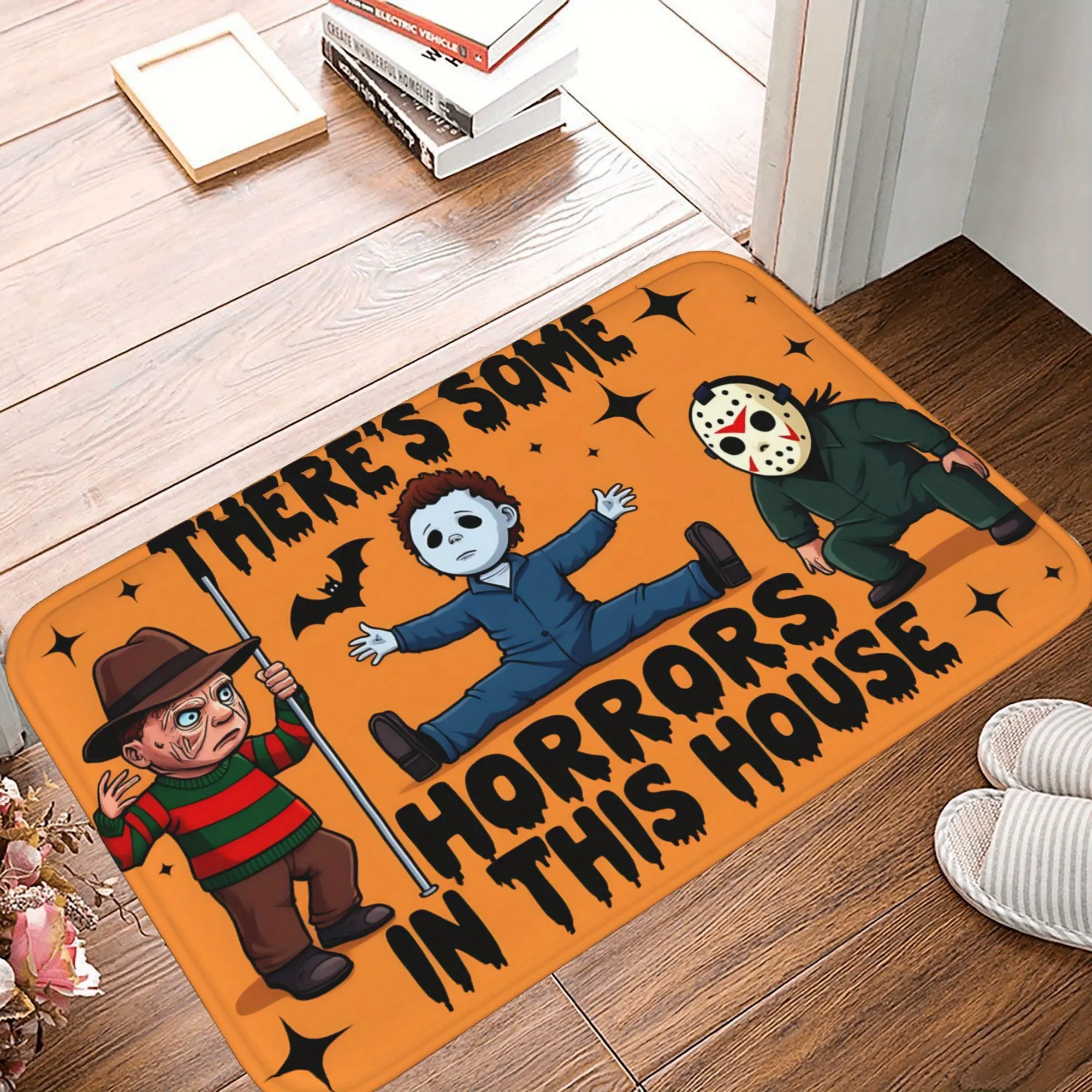 Vintage horror movie character doormat "There's something scary in this house" Halloween decoration, rectangular mat for spooky home entrance, themed decoration, spooky house decoration