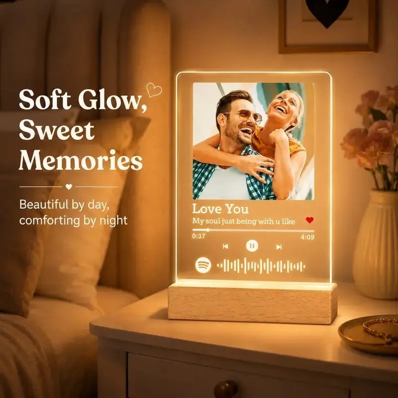 Personalized Photo Acrylic Lamp | Custom Spotify Code Picture Frame Warm LED Night Light, Customized Memorial Couple Photo Plaque Gift for Anniversary Birthday Home Wall Table Decor