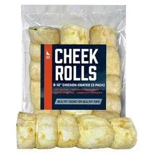 9-12” Chicken-Coated Collagen Cheek Rolls (3 Pack) 100% Natural and Extra-Thick - Single-ingredient - Long-lasting for Big Dogs and Aggressive  Chewers