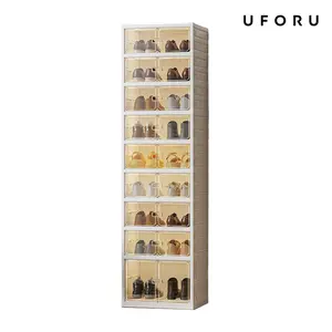 UFORU folding shoe rack, magnetic transparent door shoe cabinet, 9 layers, can store 18 pairs of shoes, simple design, large capacity, sturdy and stackable plastic shoe cabinet, space-saving, no installation required#SummerWins#DFYD