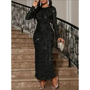 Elegant long-sleeve mermaid evening gown with sparkling sequins — slim fit, waist-cinching, high-neck design for formal events, parties, and banquets; women’s formal evening wear/workwear; black basic