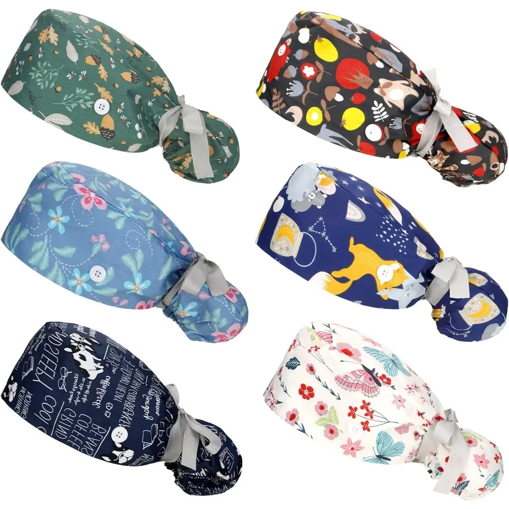 Women's 6-Pcs Adjustable Cotton Scrub Caps - With Buttons, Ponytail Holder, Bouffant Turban, Close Trimmed Design, Cotton Skull Caps, Digital Printed Style for Sports & Outdoor Use tiktokshopspringglowup, Close Trimmed Cap