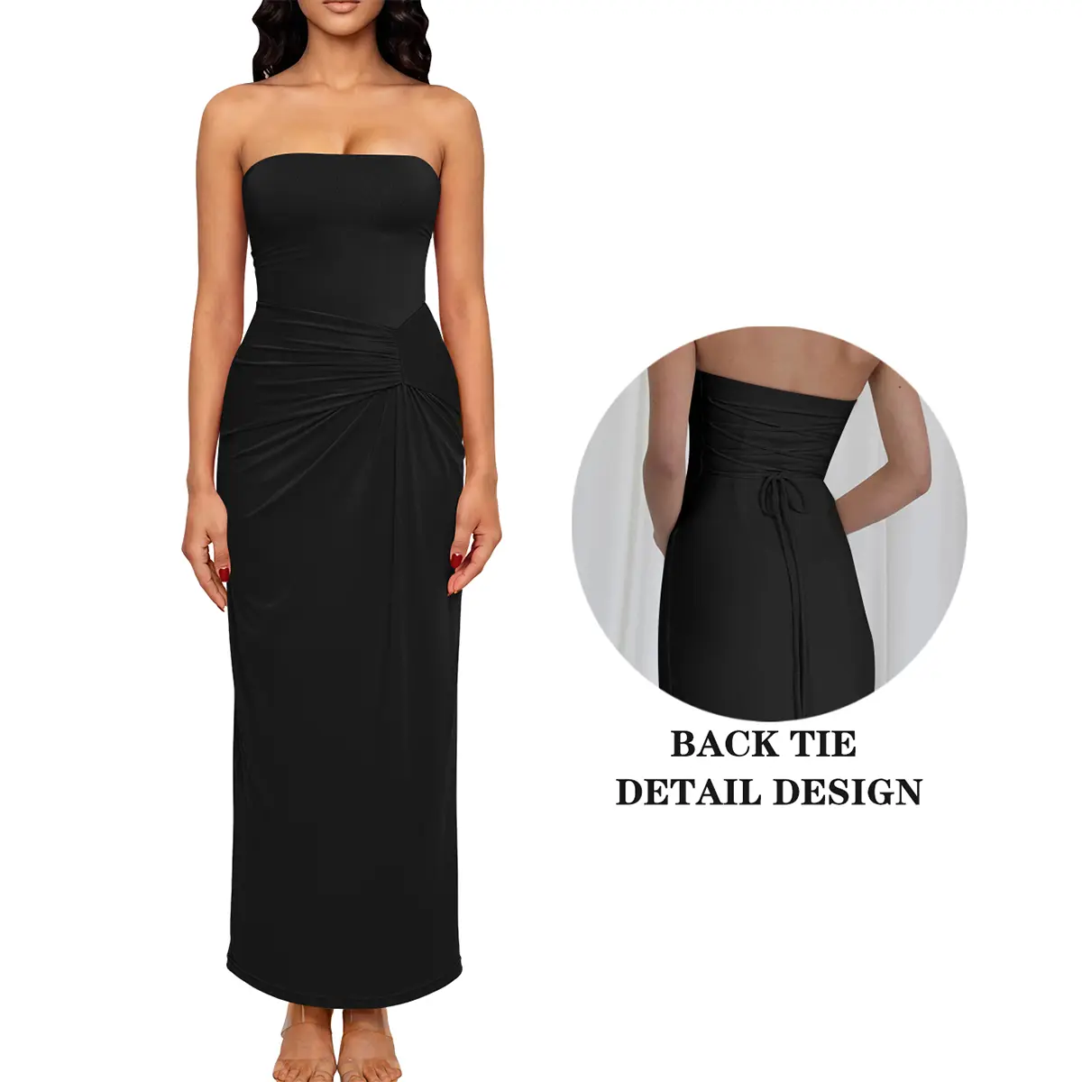 OYS Women's Elegant Strapless Sleeveless Ruched Back Crosss Tie Midi Pencil Party Tube Dress