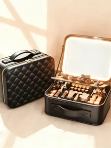 Lattice Pattern LED Mirror Makeup Box, Large Capacity Layered Cosmetic Storage Bag, Portable Travel Washroom Organizer, Fashion Handheld Beauty Case, Vanity Bag Organizer