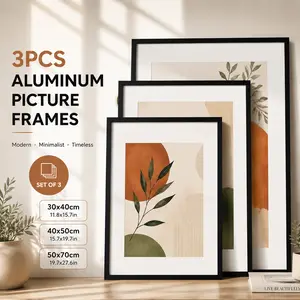 3 Pack Rectangle Black Aluminium Photo Frames Set (21x30, 30x40, 40x50, 50x70 cm) - Thin Minimalist Modern Metal Frames with Removable Plexiglass for Wall Artwork, Living Room Home Decor