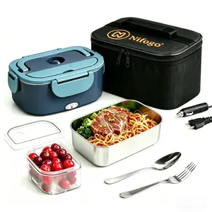 Portable Electric Heated Lunch Box 80W High Power Food Warmer 1.8L Large Capacity Stainless Steel With Display Screen 12V 24V 110V Multi Voltage Leak Proof Food Heating Box For Work School Picnic Camping Travel