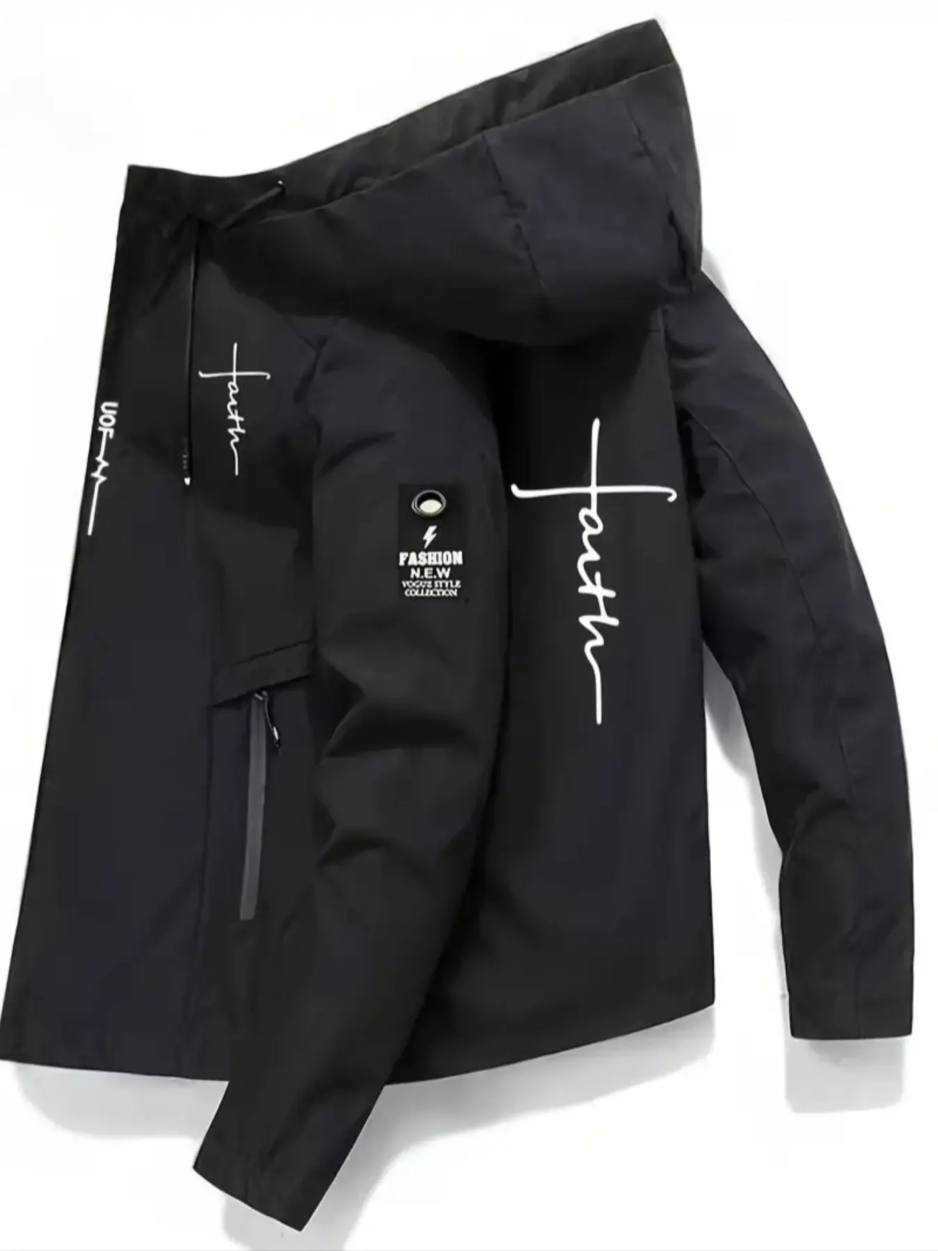 Men's Faith Print Fitted Long Sleeve Flight Jacket, Coats, Casual Zipper Jacket, Academic Style, Spring & Fall Windbreaker, One Piece Men's Outerwear, Menswear