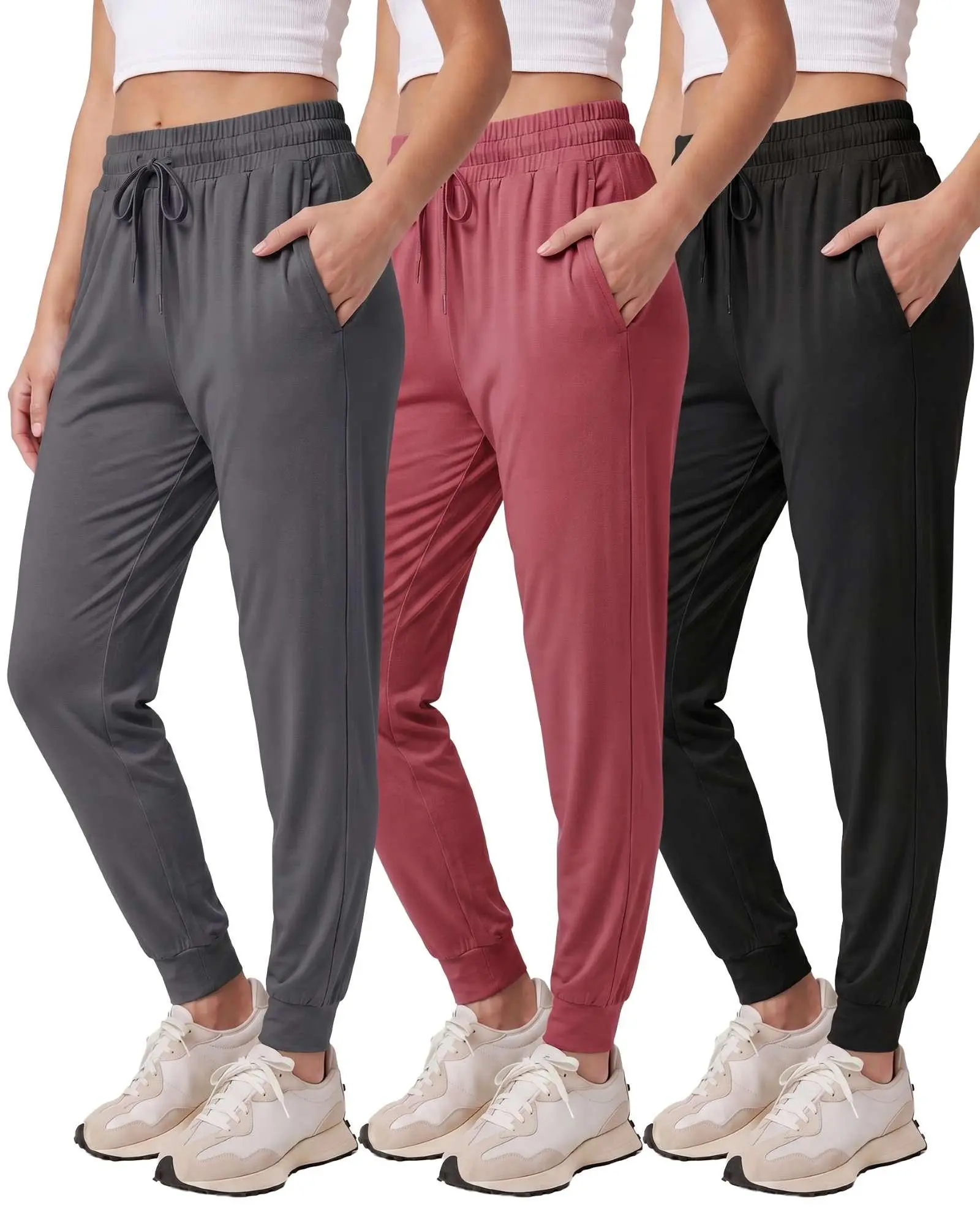 Real Essentials 3 Pack: Women's Lounge Joggers Sweatpants With Pockets Yoga Running Athletic Workout (Available In Plus Size)
