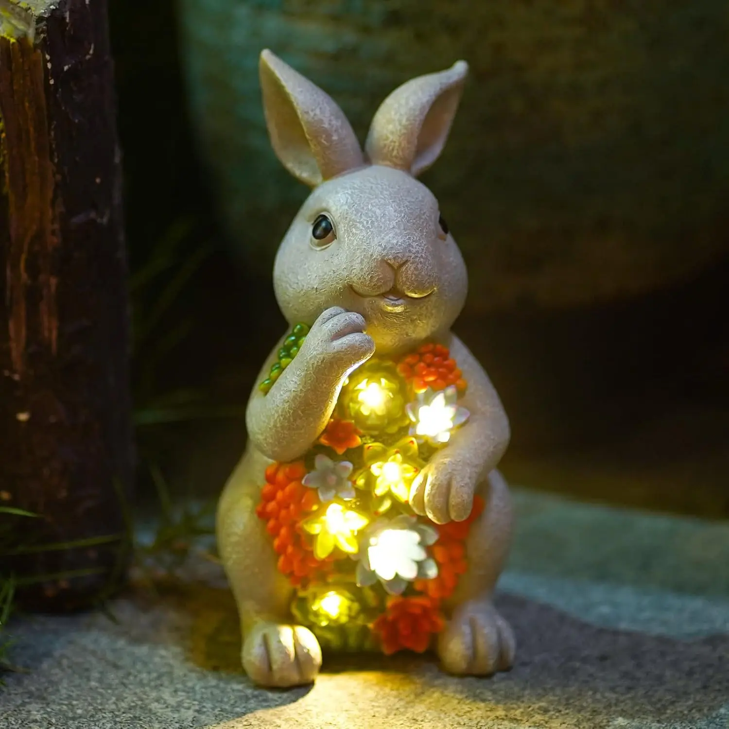 Solar Garden Decor Resin Body Spring Rabbit Statue with Succulent, 7 LED Statue Light, Outdoor Lawn Ornament for Patio, Gifts for Mom