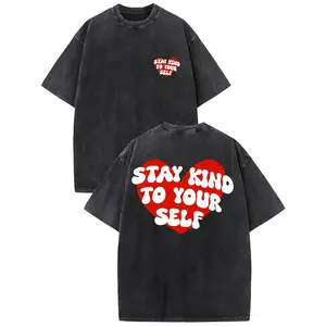 Oversized Short-Sleeve T-Shirt Vintage Stone-Washed Faded with 'Stay Kind to Yourself' Red Heart Graphics & Positive Affirmation Text - Casual Self-Care Shirt, Round Neck Relaxed Fit for Casual Attire, Machine Washable Year-Round