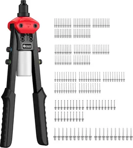 JiGiU 13" Heavy Duty Hand Riveter Tool Professional Pop Rivet Gun Rivet Tool Kit with 200PCS Rivets & 5 Nosepieces 3/32", 1/8", 5/32", 3/16", 1/4" for Metal Furniture Car Trailer