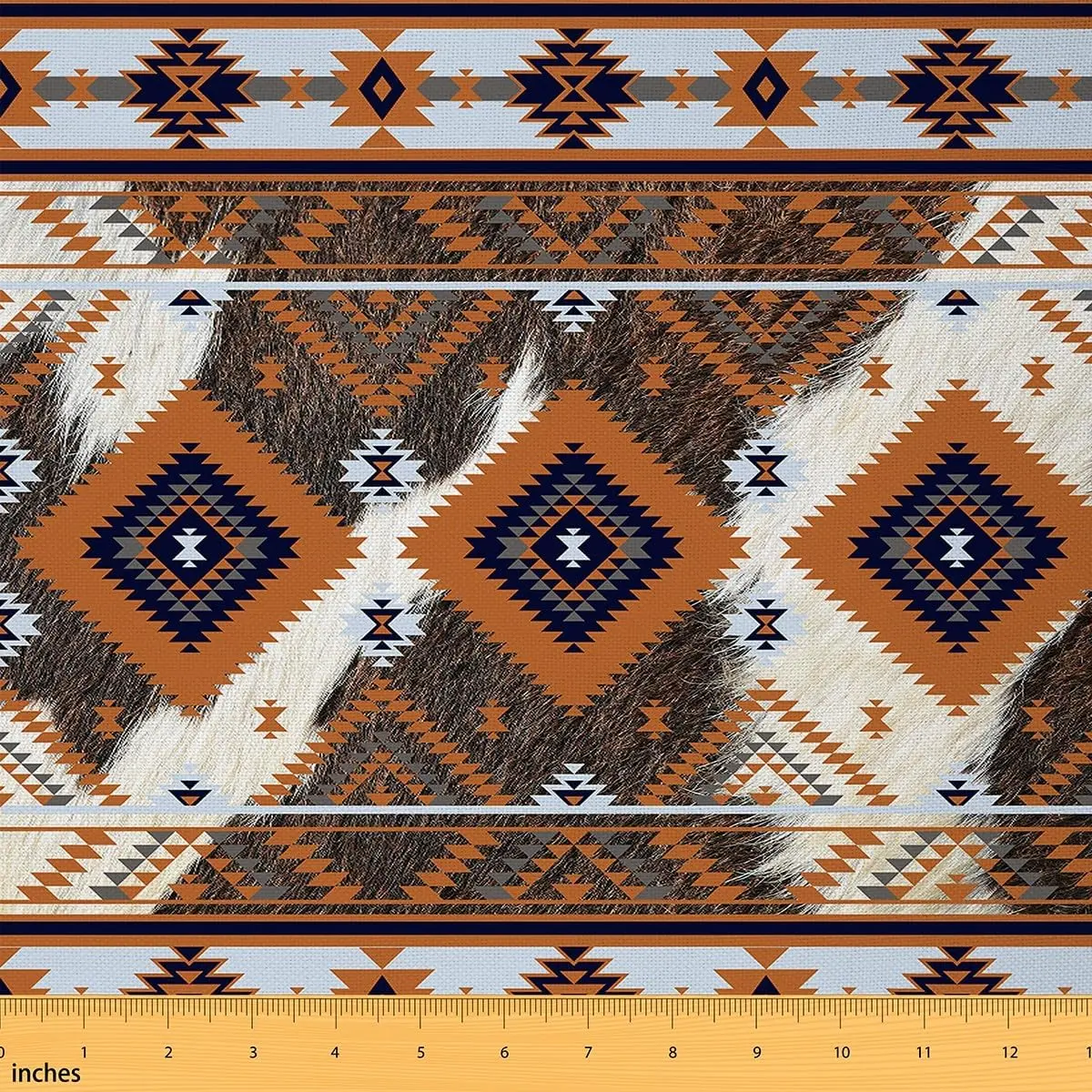 Feelyou Cowhide Aztec Upholstery Fabric by the Yd - Cow Fur Print, Southwestern Tribal Style, Bohemian Design, Waterproof 3D Printed Tight Woven DIY Craft Textile for Refinishing Furniture, Accent Pillows (2 Yd, 36" x 58", 72" Length)