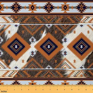 Cowhide Aztec Fabric By The Yard,Southwestern Aztec Upholstery Fabric,Cow Fur Print Bohemian Tribal Waterproof Bohemian Fabric