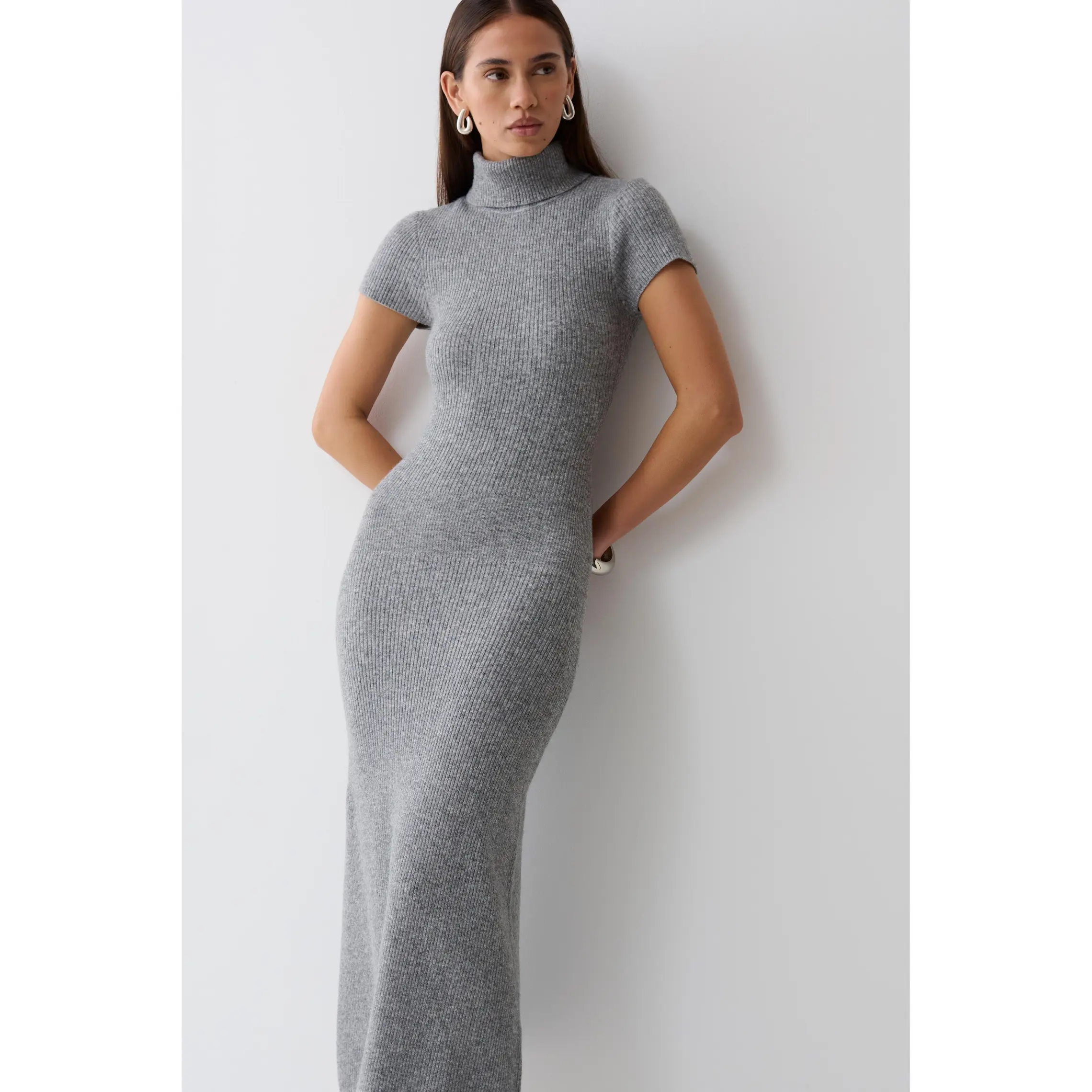 Goldie High Neck Knit Midi Dress - Grey Marle Goldie High Neck Knit Midi Dress - Grey Marle