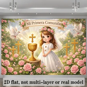 2D Flat First Communion Theme Backdrop, Featuring Golden Chalice, Golden, Flying White Dove, Pink Rose Flowers, Greenery, Top Banner "Mi Primera Comunión", Rays of Sunshine, Dreamy Sky Background, Golden Light