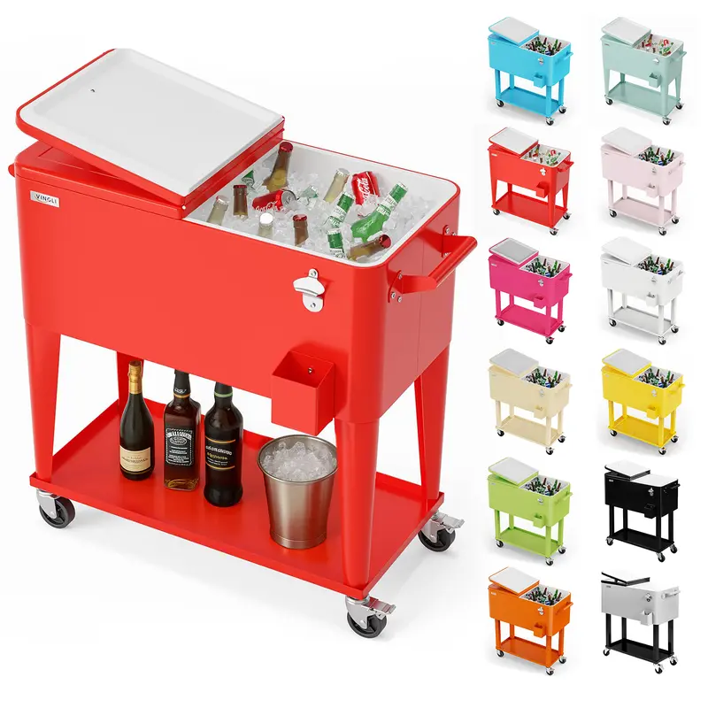 VINGLI 80 Qt Portable Travel Ice Retention Cooler with Transport Wheels - Stainless Steel Heat Insulating Camp Kitchen Cart, Easy Clean Up Patio Party Cart with Shelf, Bottle Opener, Water Pipe, Father's Day Gift