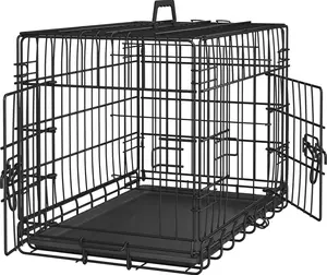 24in Small Animal Cage Double Door Bunny Cage Folding Rabbit Cage with Removable Tray Portable Hedgehog Cage with Divider Metal Ferret Cage, Black