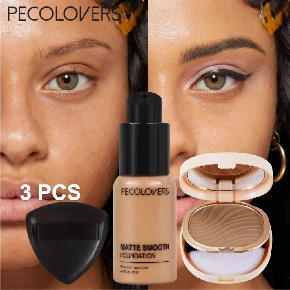 3Pcs Brightening Foundation And Powder Puff And Pressed Powder Set, Mild Formula Base Kit, Refined Makeup Contouring Tool, Versatile Cosmetic Set For Banquets And Evening Parties, Wheat Tone And Neutral Beige, Facial Makeup Supply, Face Makeup Set