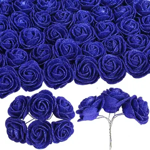 Artificial Roses, 60 Blue Roses Glitter Roses Artificial Roses with Stems for Cake Wedding Bouquet Home Party Decoration