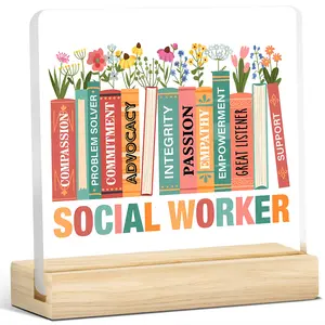 1pc Social Worker Acrylic Plaque Floral Book Spine Design - Empowerment Desk Decor for Counselors, Therapists, Motivational Quote Ornament, Social Work Office Gift, Home Decor Products, Christmas Home Decoration Wooden Decor
