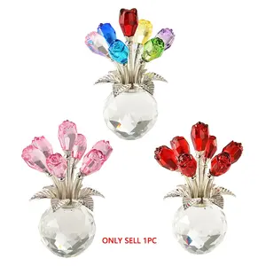 Handmade Crystal Rose Flower Figurine Ornaments, Decorative Flower with Round Vase, Artificial Roses Bouquet, Romantic Gift for Women, Perfect for Valentine's Day, Mother's Day, Birthday