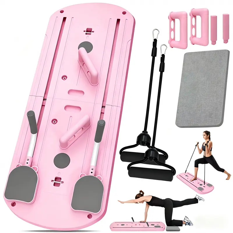 Home-use Pilates board, foldable Pilates trainer set, 8-in-1 portable folding mini Pilates equipment, suitable for women, pink soft cushion