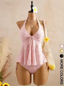 2 Spring Summer Halter Tankini Set Women |   Textured Floral Tie Front Flowy Swimsuit |   Boho Coquette Style for Beach Vacation Pool Wear Halter Top Swimwear