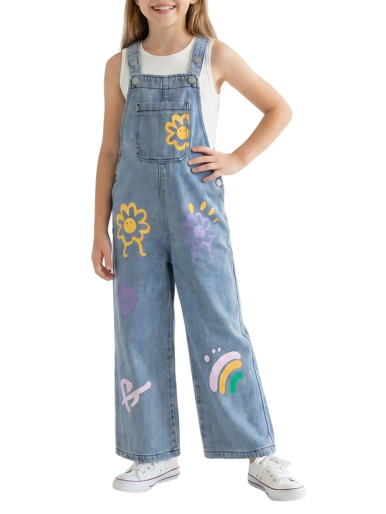 Girls' Cotton Playful Cartoon Print Denim Overalls - Casual Dungarees for Ages 3-12, Suitable for Autumn-Winter-Spring Everyday Wear Bottoms