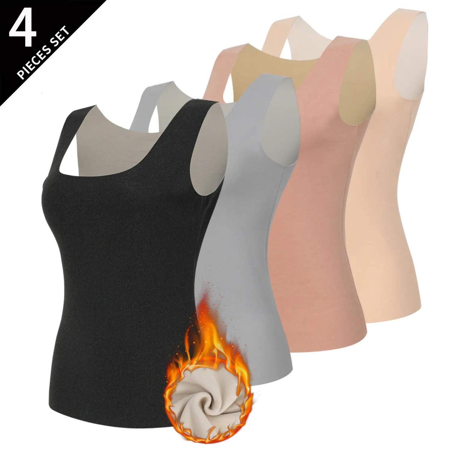Women's Fleece Lined Tank Tops, 1-4 Pack Sleeveless Base Layer Undershirt, Essential Scoop Neck Style with Wide Straps, Soft Thermal Fabric, Basic, Casual Wear, Moisture Wick