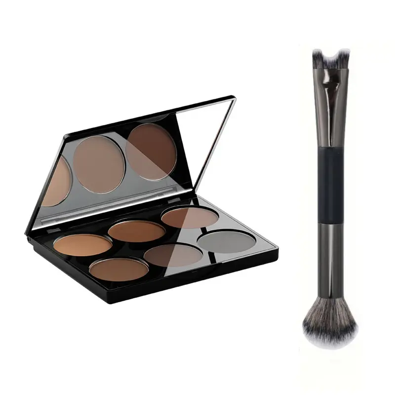 MAYCHEER 6-Color Contouring & Highlighting Palette + 2-in-1 Dual-Ended Brush Set, Includes U-Shaped Nose Contour Brush for Foundation & Concealer, Matte Sculpting Makeup Kit