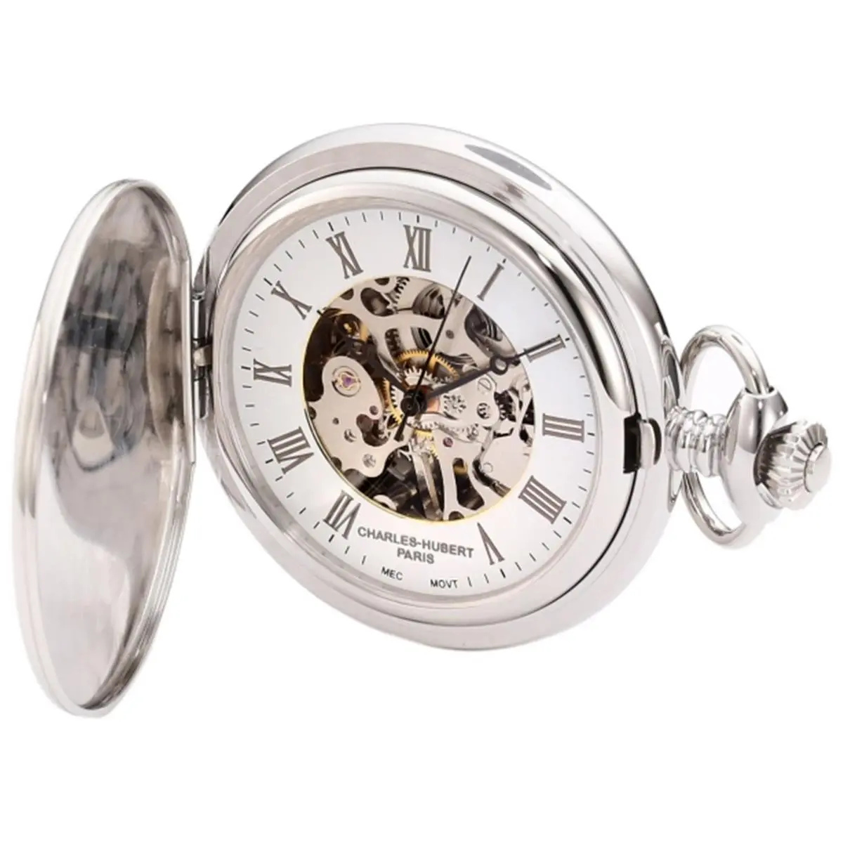 212 MAIN Unisex Stainless Steel Mechanical Pocket Watch - White Skeleton Dial, Engravable Back, Gift Box Packaging