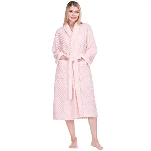PAVILIA Super Soft Womens Robe, Fluffy Plush Fuzzy Cozy House Shower Bathrobe, Ribbed Striped Warm Fleece Long Robe for Women