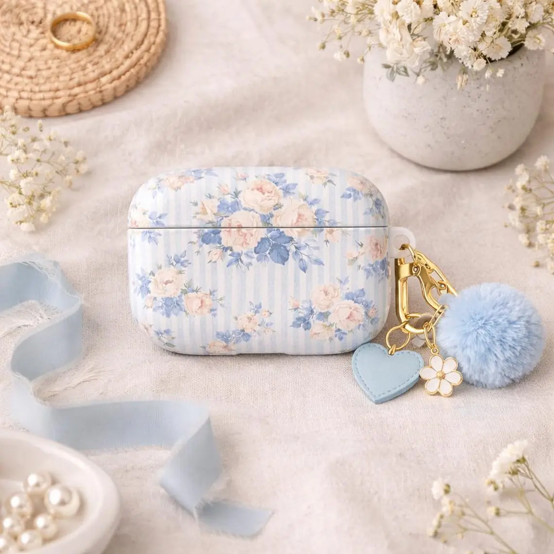 Love Shack Fancy Inspired Floral Airpod Case, Coquette Blue Theme Rose, Coquette Style Cover, Gift for Her For Airpod Gen 1 2 3 4 Case Cover