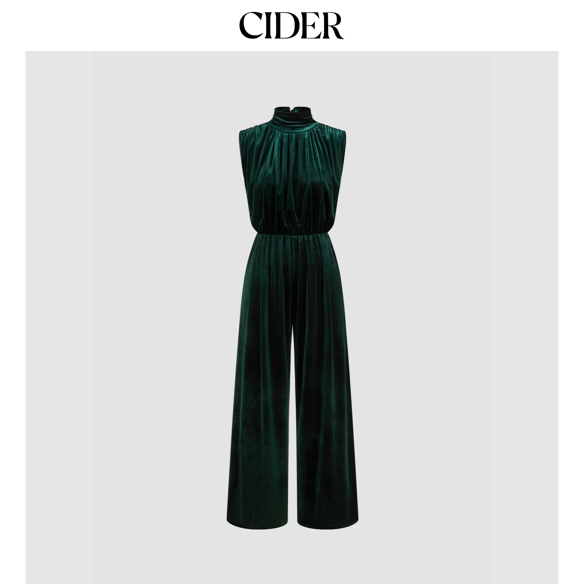 Cider [4 colors, size 0-10] Velvet High Neck Ruched Zipper Wide Leg Jumpsuit