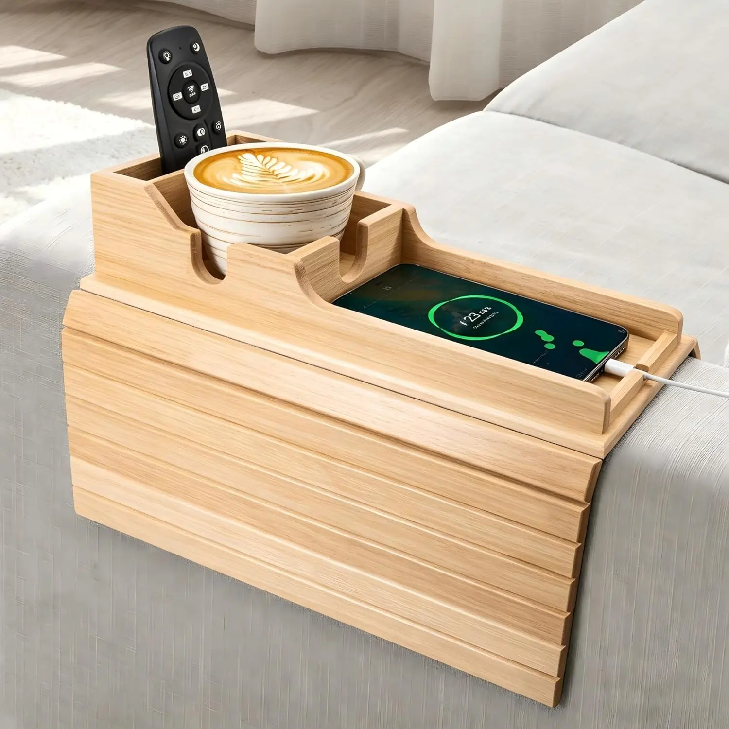Yoshiky Bamboo Couch Armrest Table, Couch Arm Tray with Removable Couch Cup Holder, 2 in 1 Design Foldable Anti-Slip Bamboo Couch Tray and Sofa Cup Holder for Drink