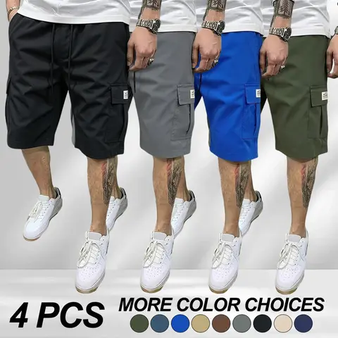 Men’s casual cargo shorts, solid color loose straight-leg shorts with multiple pockets and an elastic waistband that can be adjusted with a drawstring; comfortable, breathable casual shorts suitable for home leisure, everyday wear, and outdoor activities.