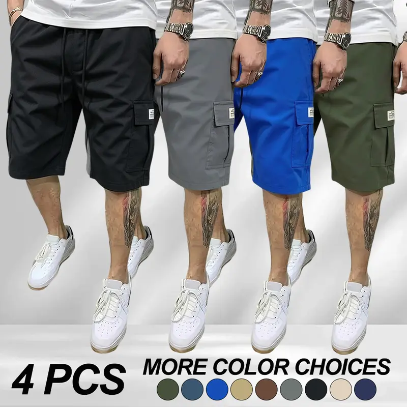 Men’s casual cargo shorts, solid color loose straight-leg shorts with multiple pockets and an elastic waistband that can be adjusted with a drawstring; comfortable, breathable casual shorts suitable for home leisure, everyday wear, and outdoor activities.