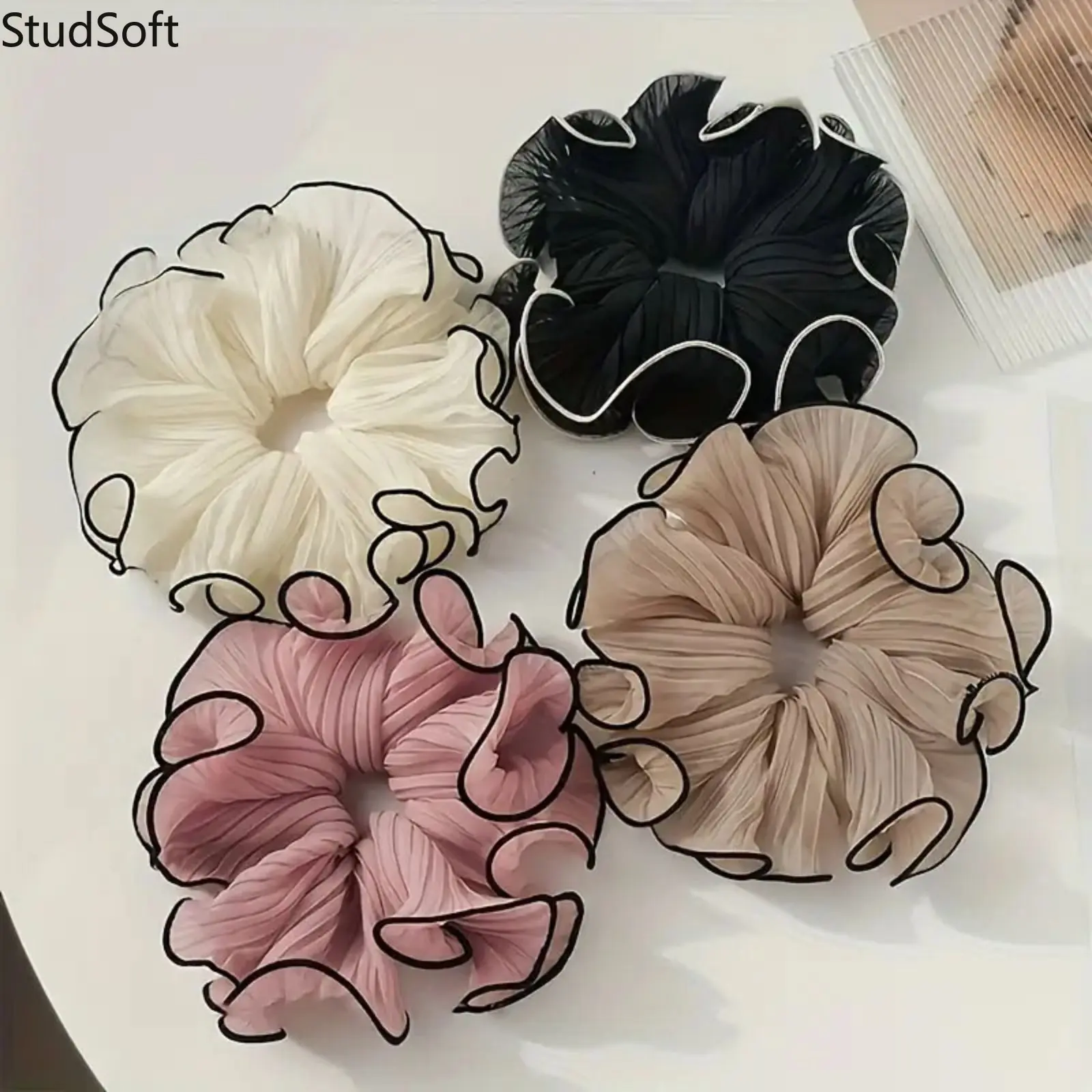 Hair Styling Accessories, 4-Pack Large Ruffled Ponytail Holders, Elastic Hair Ties for Sports, Outdoor & Bag Decor, Elastic Band Scrunchies, Versatile Diy Luggage & Bag Accessories