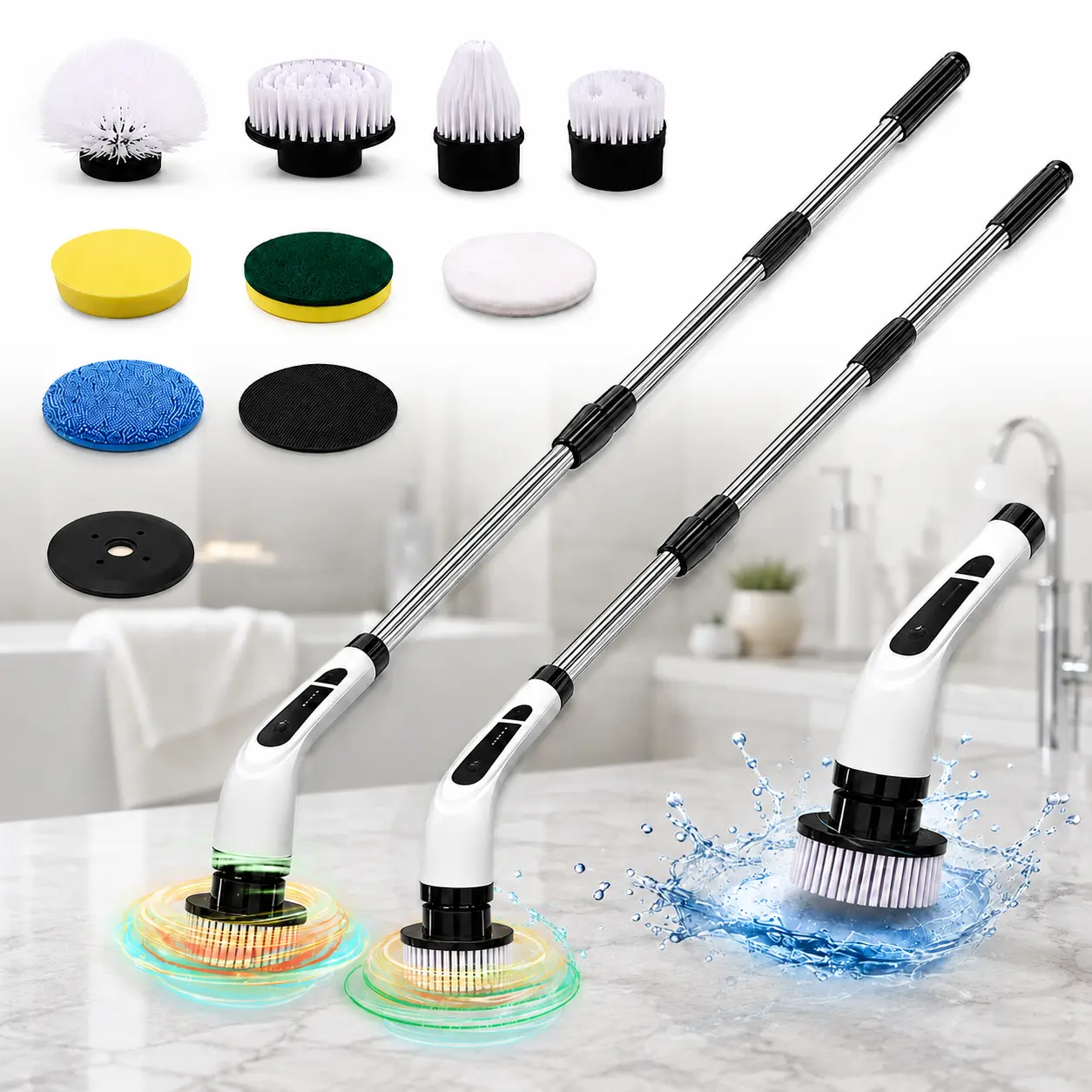 Cordless Electric Spin Scrubber with Rechargeable Battery, 9 Brush Heads, Dual Speed, Stainless Steel Extendable-Telescopic Rod, Splash-Proof Multi-Surface Cleaning Supply for Bathroom, Kitchen, 2026 Home Essential