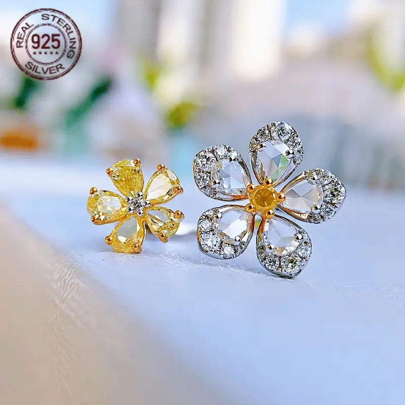 Women's 925 Sterling Silver Platinum-Plated Flower Shape Ring with Synthetic Zirconia Stone - Preppy Elegant Costume Jewelry for Female Adults, Ideal for Valentine's Day Daily Wear